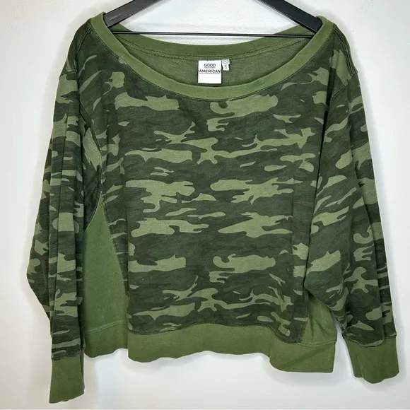 Good American Women’s Green Off The‎ Shoulder Camo Sweatshirt Size 4 - Image 4