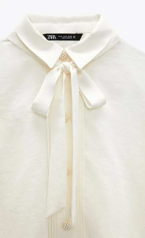 ZARA blouse shirt top satin effect jewel button neck bow - Image 6