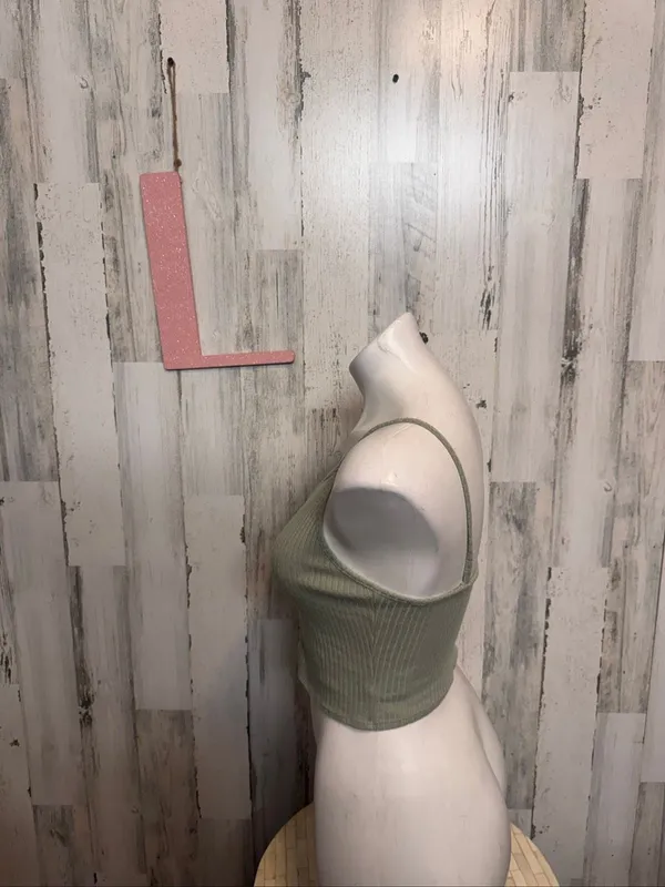 The Classic USA Ribbed Ladder Cutout Cami Crop Top Womens L Olive Sage Green - Image 2