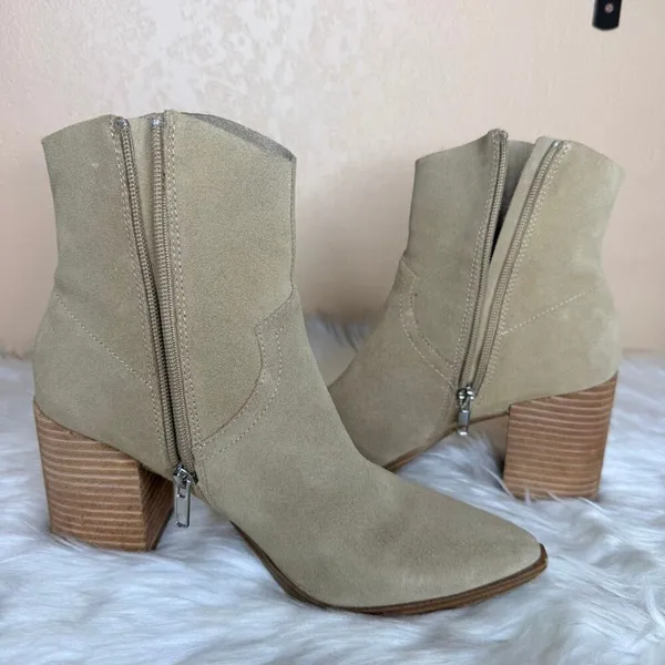 Steve Madden Cate Sand Suede Block Heel Pointed Toe Pull On Ankle Boots Size 8 - Image 2