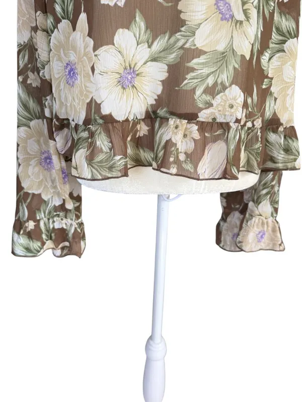 Loft brown and ivory floral ruffle tie front sheer blouse women's size medium - Image 7
