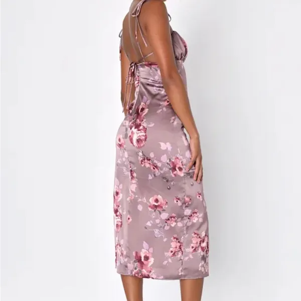 Lulu's Mauve Floral Satin Midi Dress - Image 4