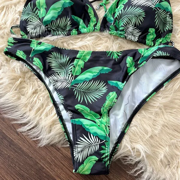 3 Piece Green Jungle Tropical Swim Set Bikini & Sheer Cover Up L - Image 5