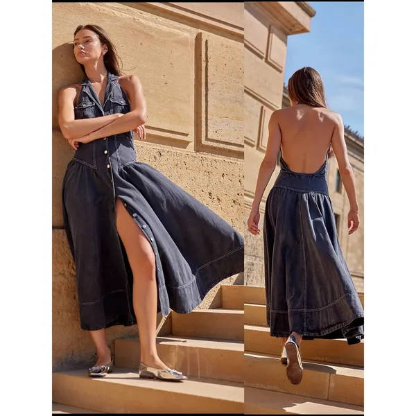 Free People Soundwave Denim Halter Maxi Dress in Black Bohemian Size Small - Image 9