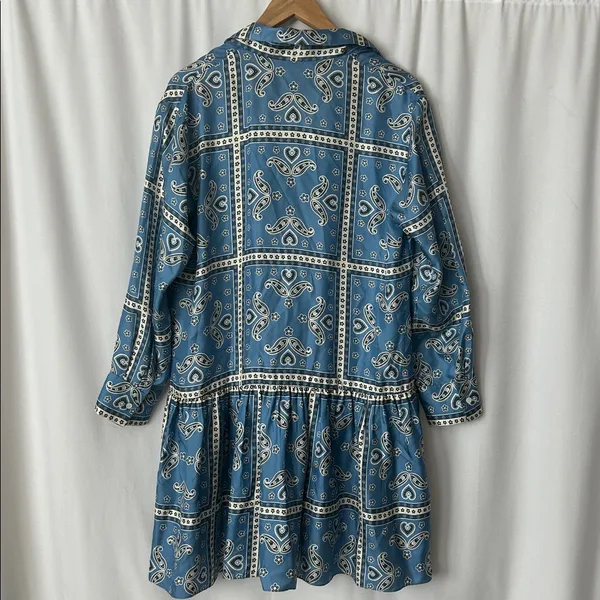 Sandro Blue Paisley Long Sleeve Collared Chloe Silk Mini Dress **Size 40/US 8** - Image 5