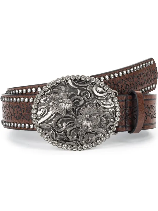 Western Tooled Large Buckle Belt with Rhinestones Brown - Image 2