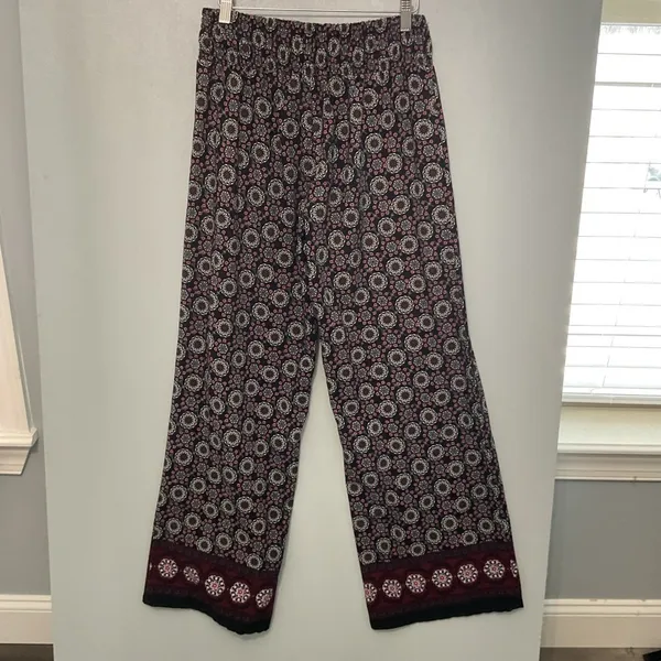 Studio 29 Womens Wide Leg Pants Medallion Print Smocked Waist Black Medium - Image 2