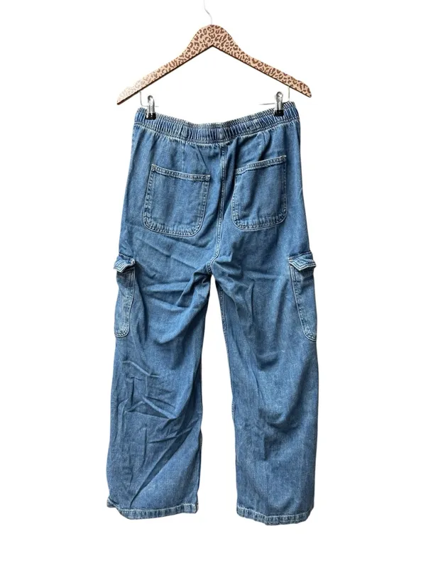 Gap Pull On Wide Leg Cargo Denim Jeans Cotton Tie Waist Medium Wash Blue Medium - Image 3