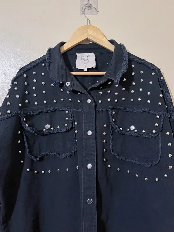 Fantastic Fawn Studded Jacket Black L Collared Snap Frayed Long Sleeve - Image 8