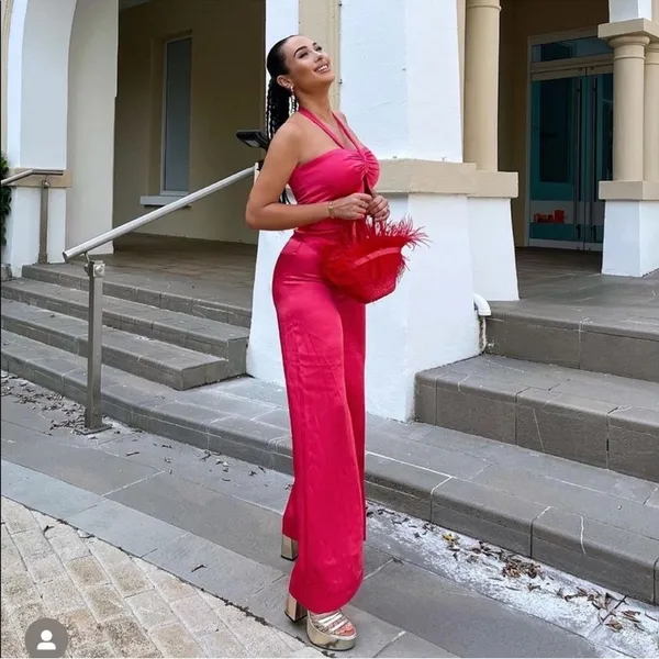 Zara Satin Halter Wide-Leg Jumpsuit in Hot Pink - Image 3