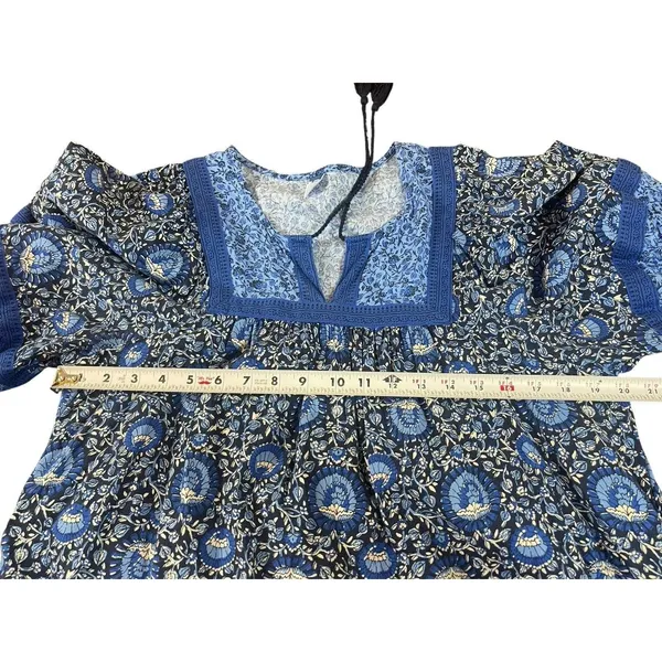 Old Navy Blue Boho Peasant Dress Women L Floral Tassel Cottagecore Festival - Image 10