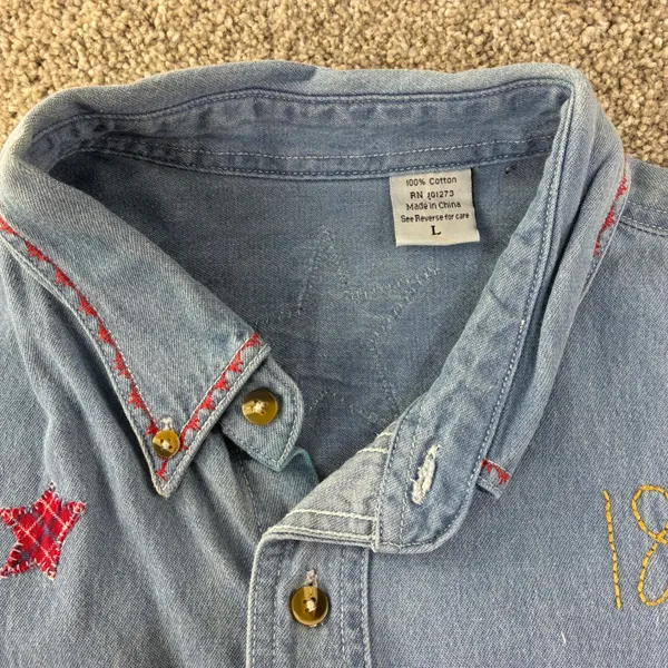 Ohio Bicentennial Denim Shirt Women L Blue Patchwork Americana Vintage Retro‎ - Image 8