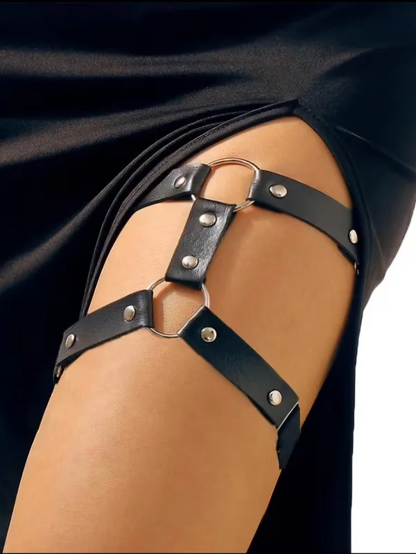 Black Leg Harness Faux Leather Style‎ With Metal Rings And Studs - Image 2