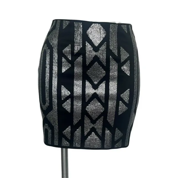 NEW Sequin Mini Skirt SMALL Black Silver concerts Aztec Tribal Print Y2K stretch - Image 2