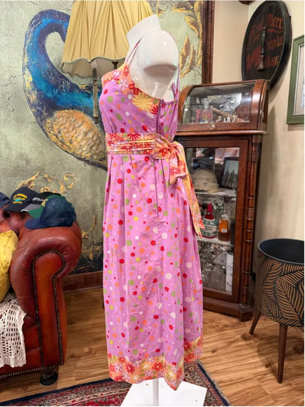 Vintage 2000s Y2K Pink Polka Dot Floral Sundress Midi Cottagecore Mod Retro M - Image 4