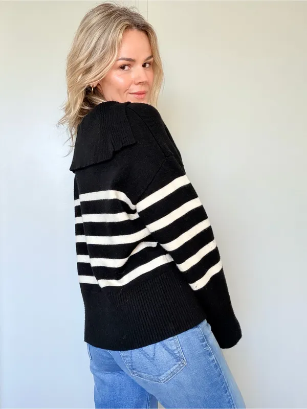 Zara Black & White Striped V-Neck Sweater - Image 7