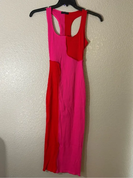 NWOT Sexy Naked Wardrobe Pink Red Colorblock Ribbed Bodycon Midi Dress L - Image 3