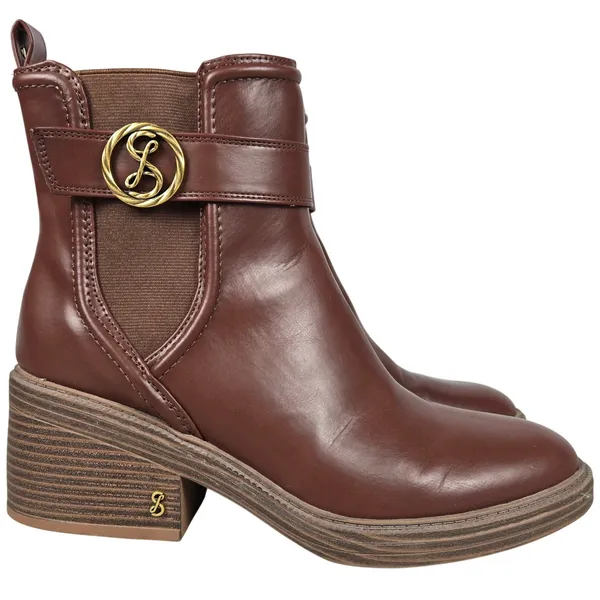 Sam & Libby Natalia Brown Faux Leather Buckle Stacked Heel Ankle Boots 9.5M - Image 2