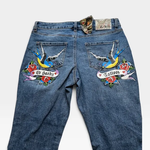 Ed Hardy Womens Low Rise Bootcut Jeans Blue Tattoo Embroidered XL NWT - Image 9