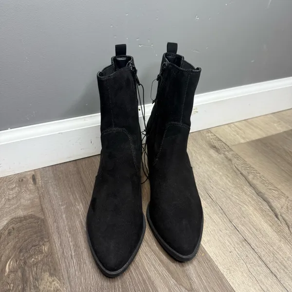 Express Womens Ankle Boots Booties Black Suede Block Heels Pointed Toe Zip Sz 6 - Image 3