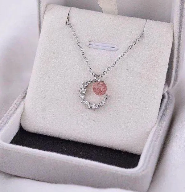 925 crescent strawberry crystal necklace women's high-end light luxury 2023 new style peach blossom clavicle chain ins lettering - Image 4
