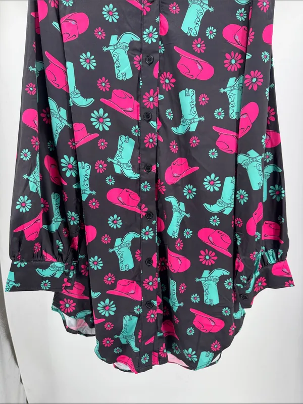 Jess Lea Black Mini shirt Dress with Pink & Teal Western Print M cowboy boots - Image 4