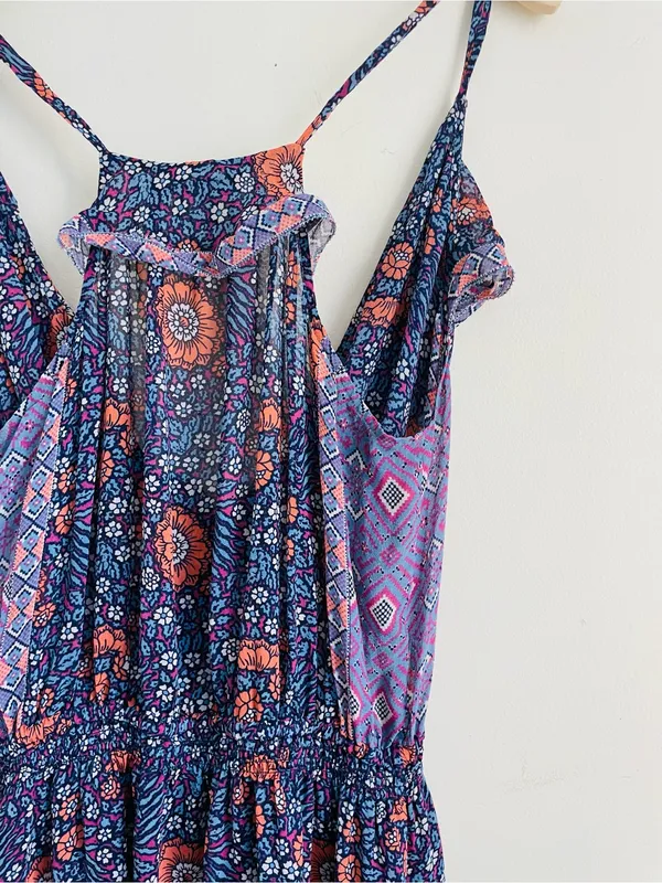 Joie Silk Floral Maxi Dress size S Boho Ruffle Strappy Blue Purple - Image 4