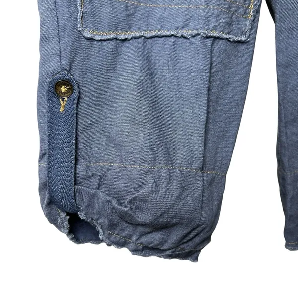 Y2K Linen Cargo Capri Blue Utility Boho Cropped Pants Sz L Button‎ Fly Wide Leg - Image 8