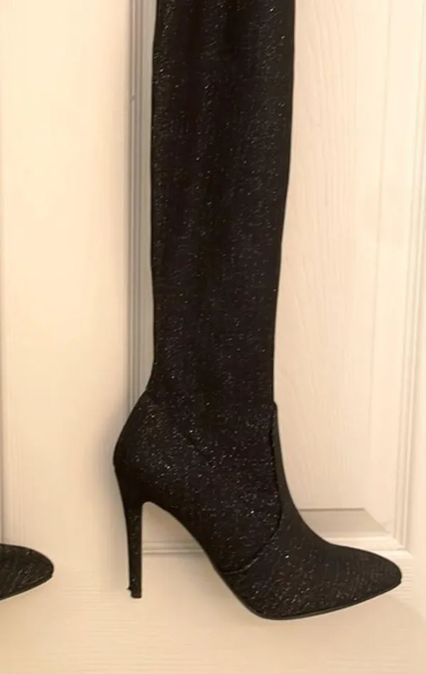 Jacobies Black Shimmer Thigh High Stiletto Boots - Image 5