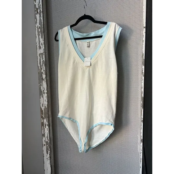 Free People Intimately V Neck Bodysuit Ribbed Tennis Country‎ Club Preppy large - Image 4