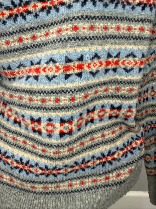 J. Crew Gray Fair Isle Crewneck Sweater with Red & Blue Accents - Image 3