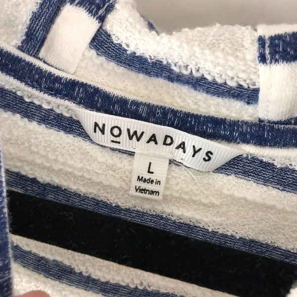 Nowadays Womens Sweatshirt Cold Shoulder Hooded Asymmetric Striped Blue White L - Image 3