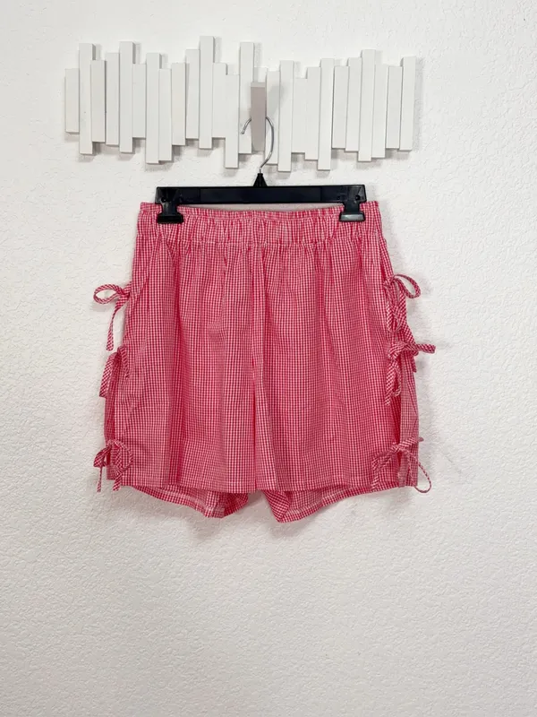 Miss Sparkling Red Gingham High Waist Shorts Side Tie Pocket Cottagecore Summer - Image 2