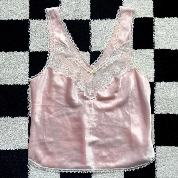 Vintage 80s Pink Satin and Lace Tank - Image 2