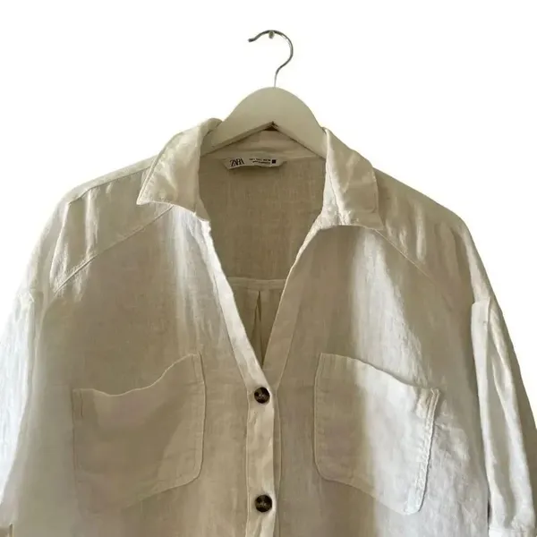 ZARA White Linen Blend Crop Button Up Shirt Boxy Minimalist Bohemian SZ L #1675 - Image 4