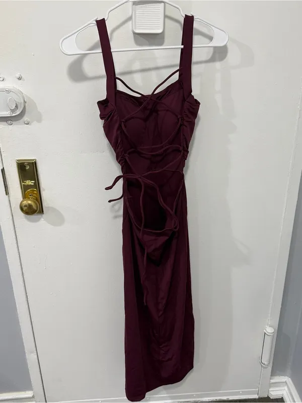 NWOT Halara Red Ruched Lace Up Bodycon Midi Dress - Image 5
