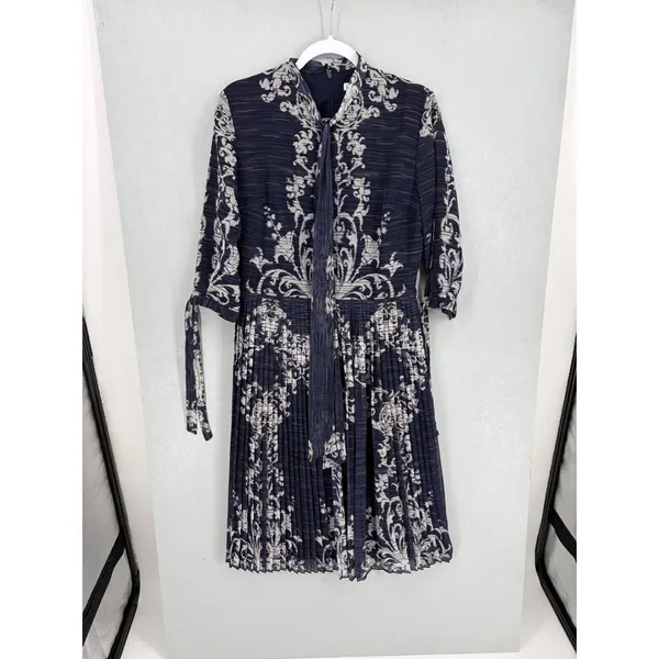 Picobell Womens Midi Dress Navy Blue Damask Pleated Tie Neck Size 42 - Image 3