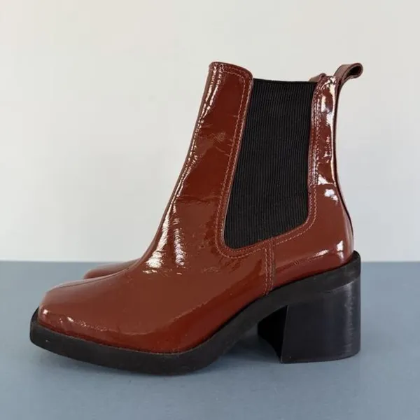 Gianni‎ Bini Banks Crinkle Patent Leather Double Gore Square Toe Brown Booties - Image 5