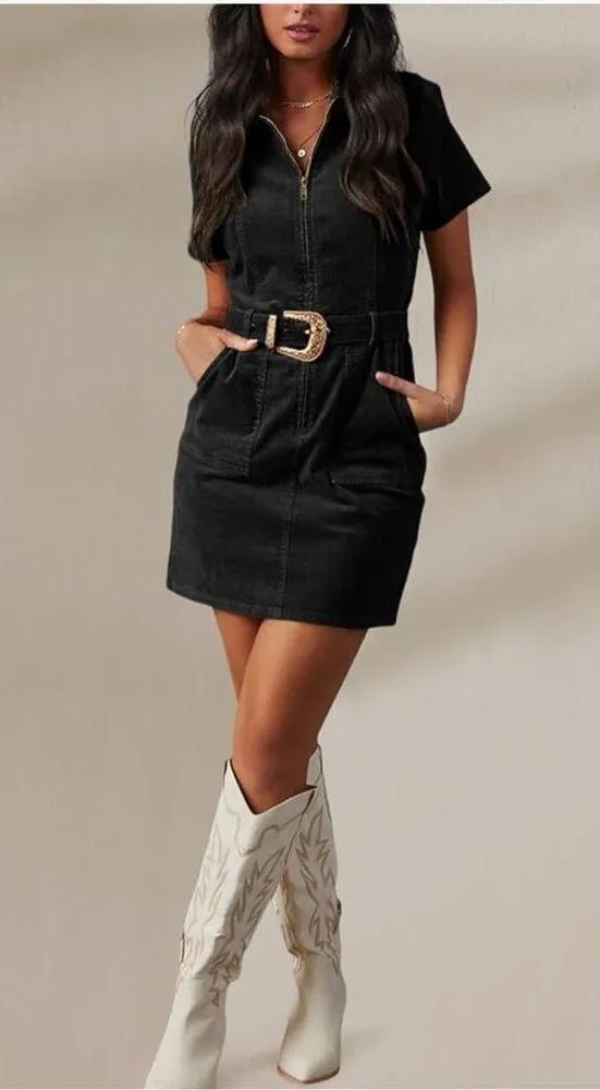 NEW Black Corduroy Zip Up Mini Dress S NO BELT - Image 5