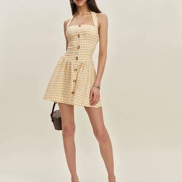 Camila Coelho Yellow Gingham Halter Sun Dress Sz LRG NWT - Image 2