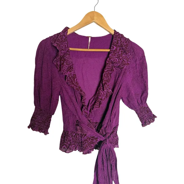 Free People Olivia Purple Printed Tie Waist Cropped Puff Sleeve Wrap Top Size XS - Image 4