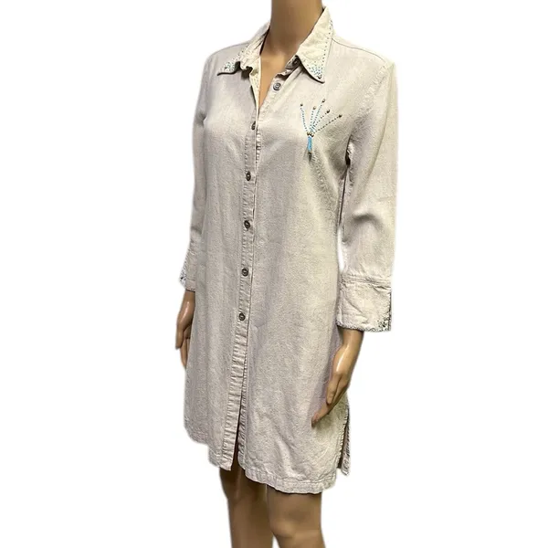 Bahar Linen 3 Quarter Sleeve Button Up Tapered Beaded Shirt Dress Womens 2 - Image 3