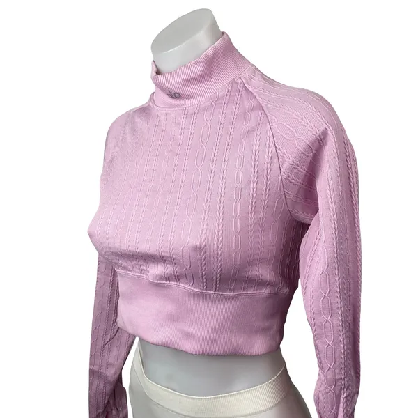 Alo Yoga Seamless Pink Cable Knit Mock Neck Long Sleeve Athletic Crop Top Sz S - Image 3
