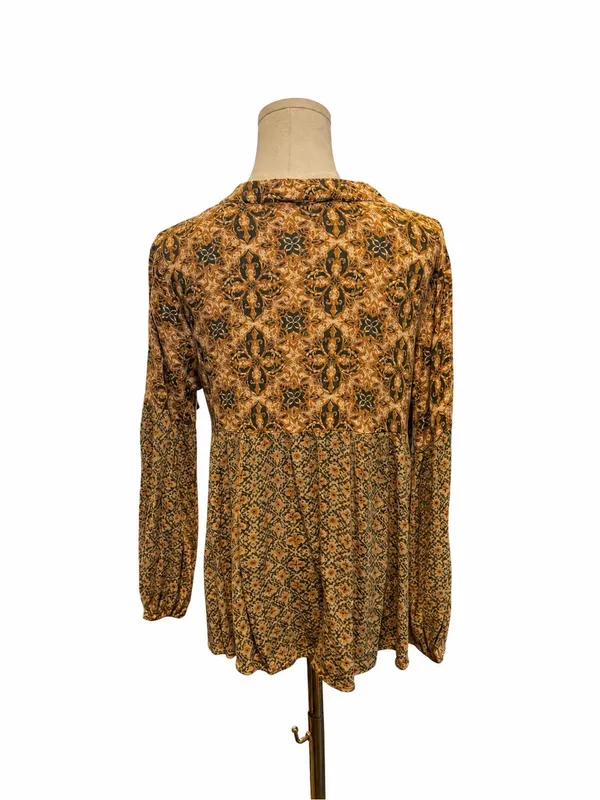 Easel Boho Mixed Print Babydoll Tunic Top Size Medium Brown Olive Mustard - Image 3