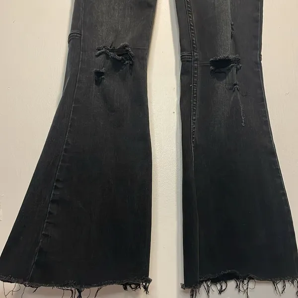 RISEN- Flare High Waist Black Pull On Distressed Vintage Look Raw Hem Jeans- S - Image 6