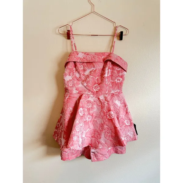 Lulus Romper Womens Pink Floral Fashionable Fit Jacquard Peplum Shorts Jumpsuit - Image 5