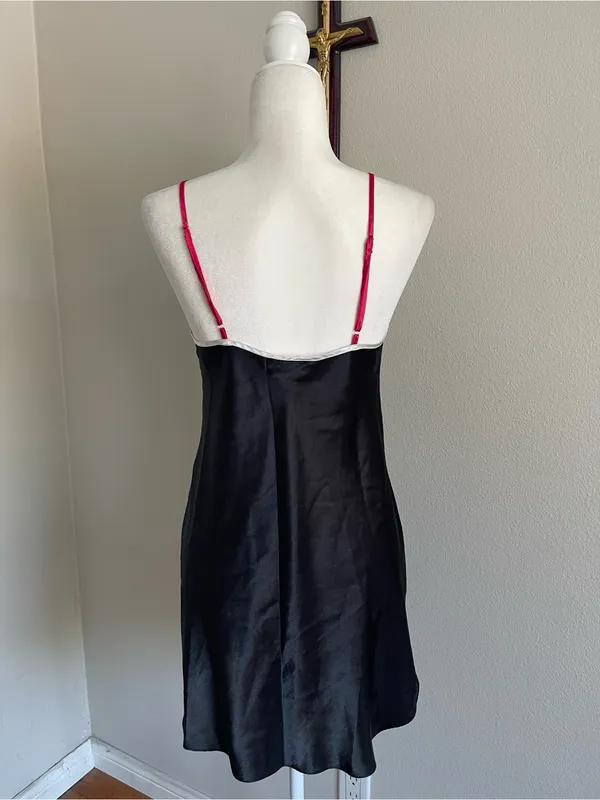 Vintage Victoria's Secret Black Satin Chemise with Pink Straps and White Trim - Image 4