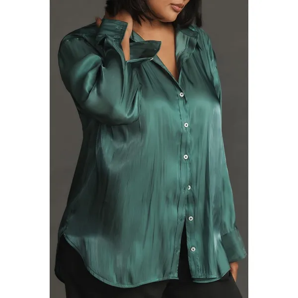 Anthropologie Blouse Women Large Teal Green Button Down Satin Finish Relaxed Top - Image 4