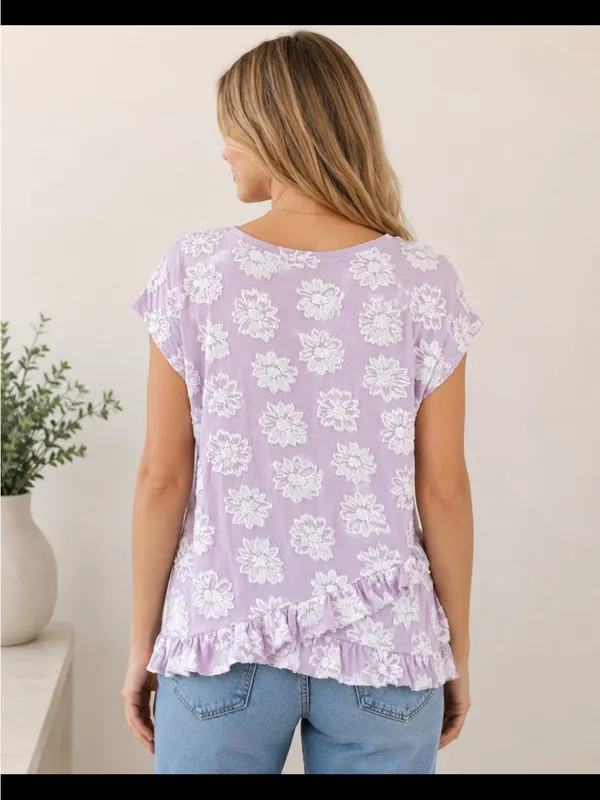 LOFT Lilac Floral Embroidered Short Sleeve Top - Size: medium - Image 2