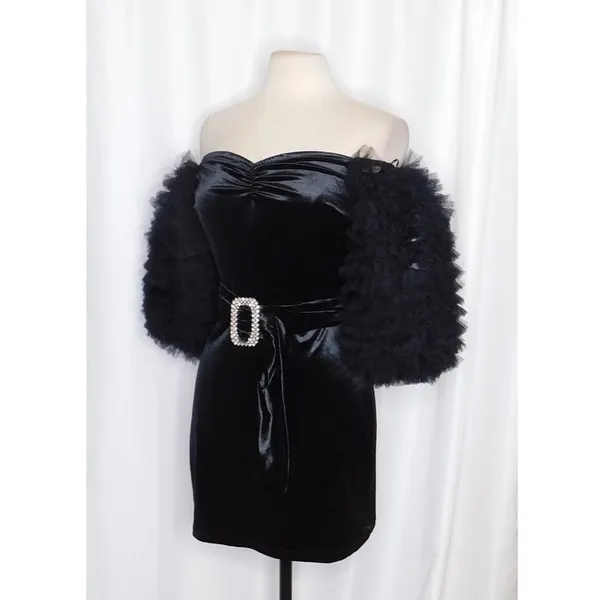 NWT!! ZARA Black Velvet Dress Ruffled Tulle Sleeves Rhinestone Party Cocktail - Image 6